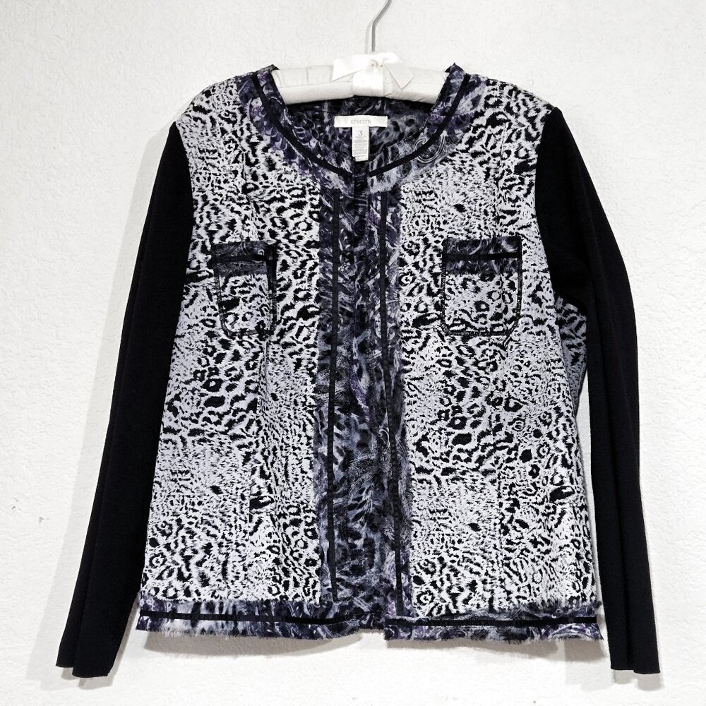 Chico's Animal Print Open Front Jacket Textured Mixed Fabrics White